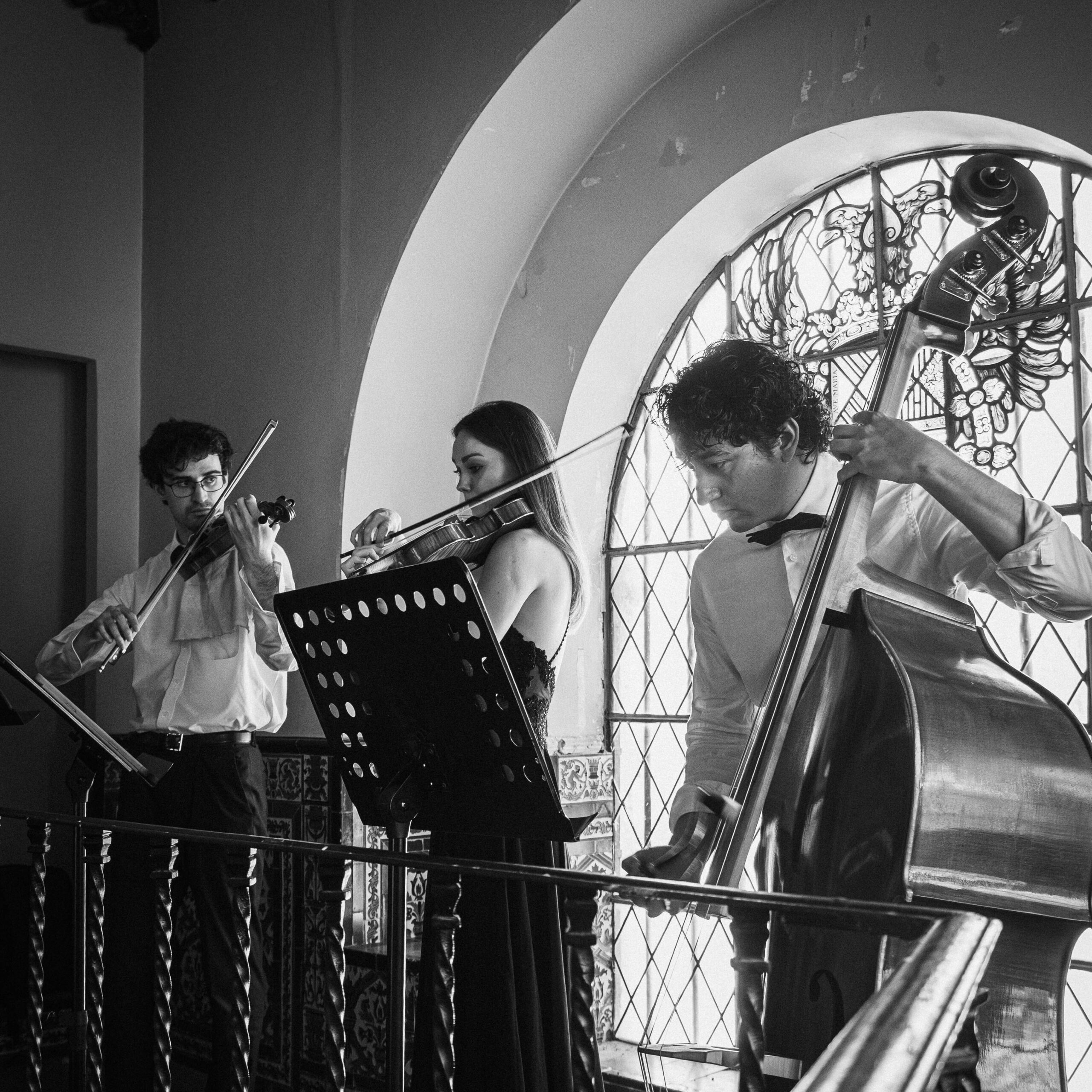 String trio performing modern Bridgerton-style songs during wedding guest reception at Castillo de Viñuelas, Madrid.
