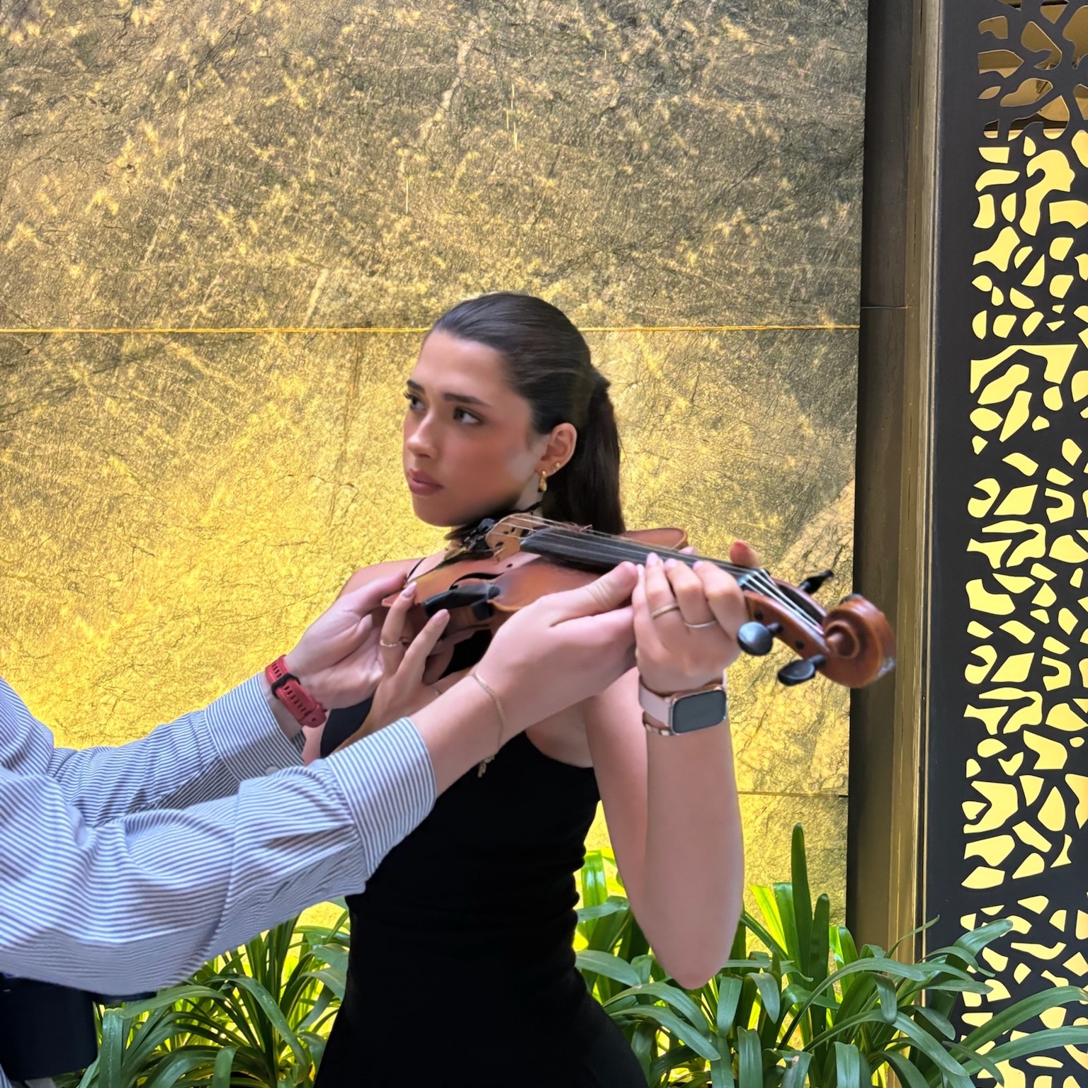 Violinista elegante y sofisticada posando para boda de lujo, música en vivo exclusiva.